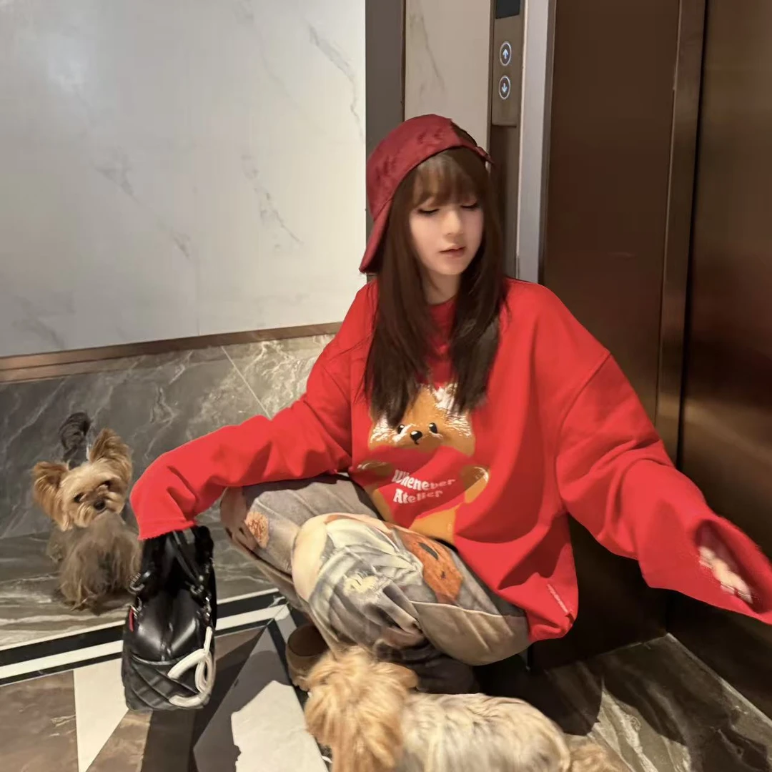 【小婵定制】卡通印花爱心小熊圆领薄款毛边长袖卫衣休闲百搭