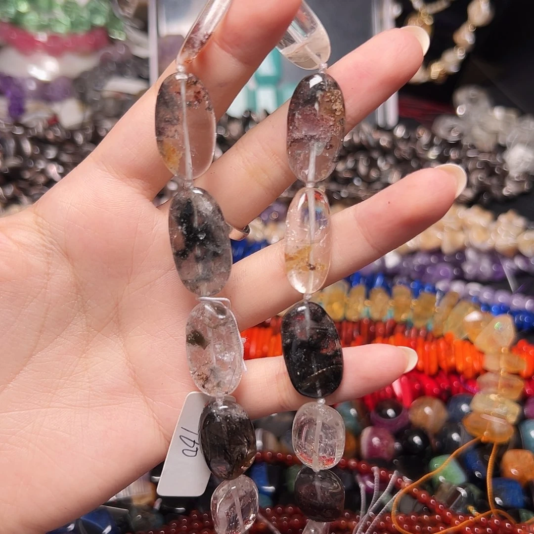 玛瑙/玉髓足银镶嵌珠宝半成品X07.  13*24mm 天然绿幽灵一条