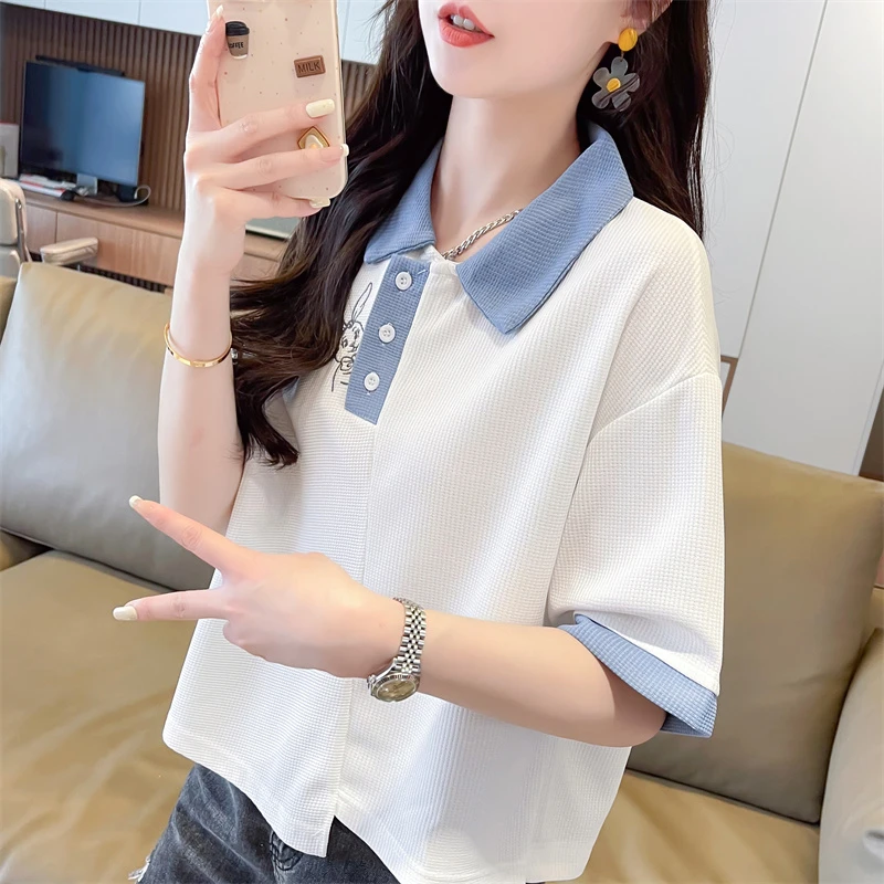2025夏季新款POLO不规则短袖女装短款上衣百搭翻领小个子上衣打底