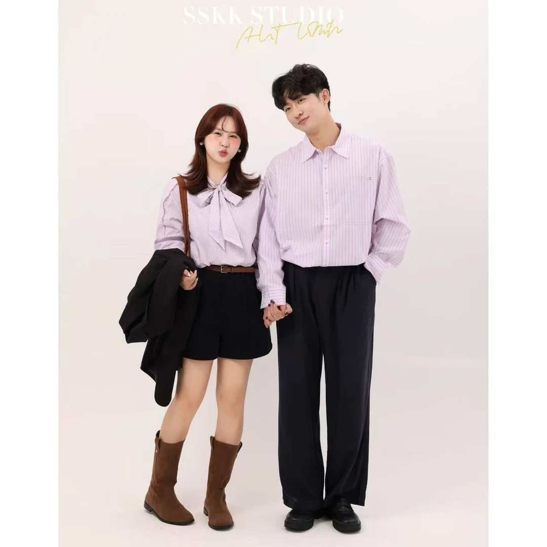 KMZY/KMZY山_山【氛围学姐】微胖秋季韩式系带领设计感条纹减龄衬衫