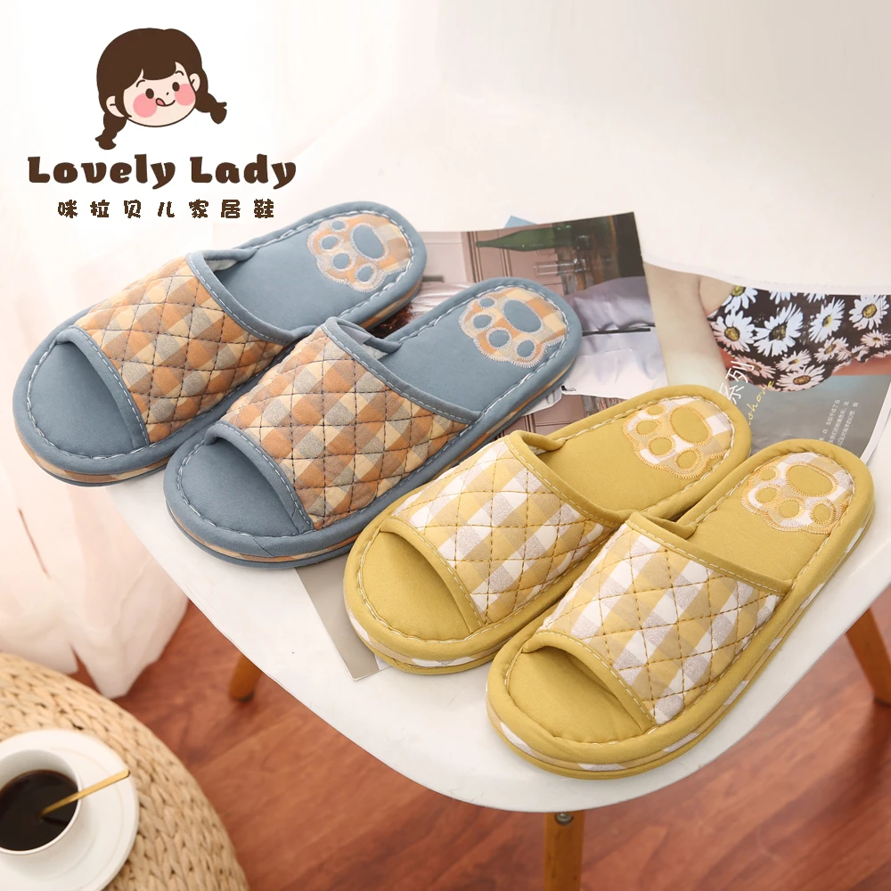 新款布艺居家男女情侣简约卡通三层布底静音地板专用家居室内拖鞋
