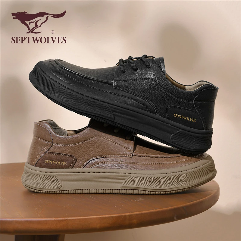 七匹狼男鞋秋季软底平跟增高皮鞋男士黑色百搭通勤休闲板鞋