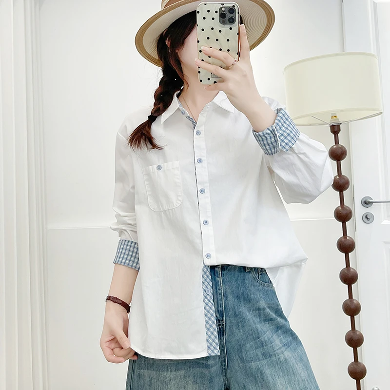 全额运费补贴秋天漂亮长袖上衣设计感格子门襟简约干净白衬衫女