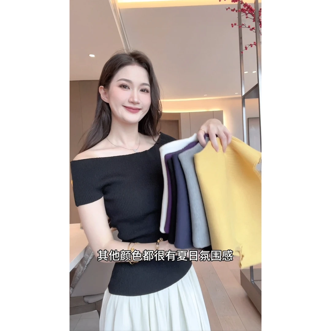 法式辣妹修身设计感短袖T恤女2025夏季新款潮流上衣针织一字肩