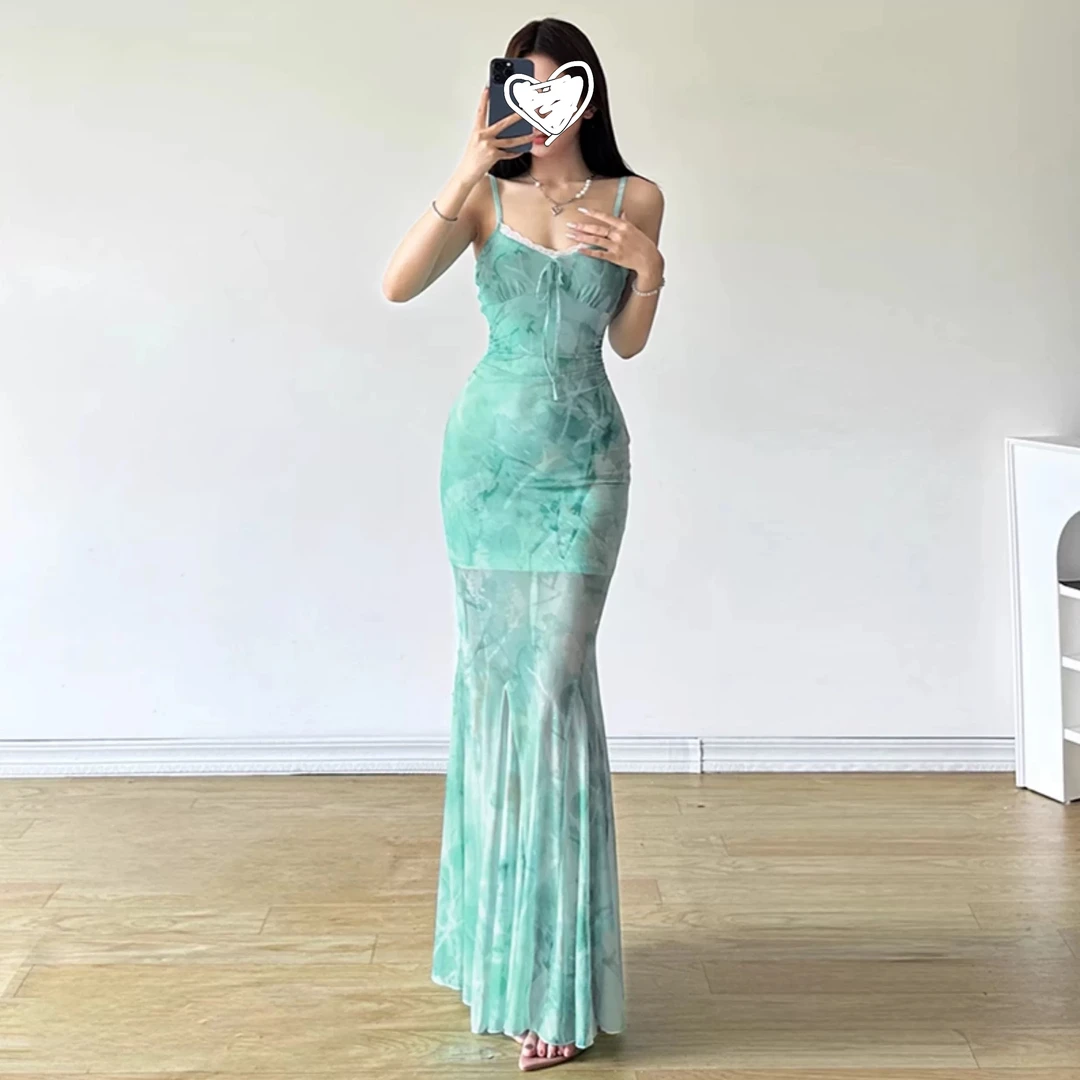 【现货】法式印花高级感吊带鱼尾裙纯欲显瘦性感包臀收腰夏季女长裙