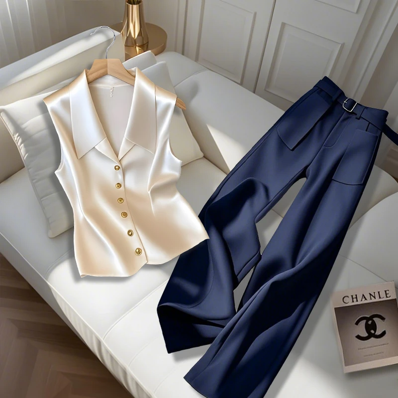 法式气质v领无袖缎面马甲背心女2025夏季时尚百搭藏蓝色裤子套装