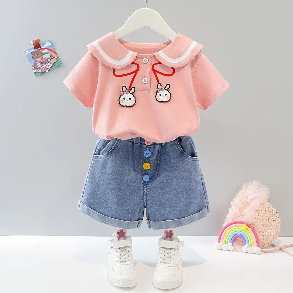 2025新款韩版夏季童装衣服女童宝宝短袖卡通小童两件套装一件代发