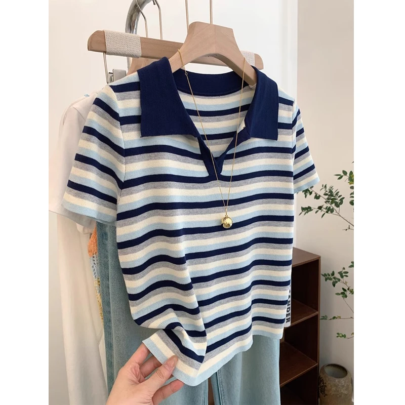 大码polo领条纹短袖针织衫2025夏季通勤休闲韩系百搭正肩t恤上衣