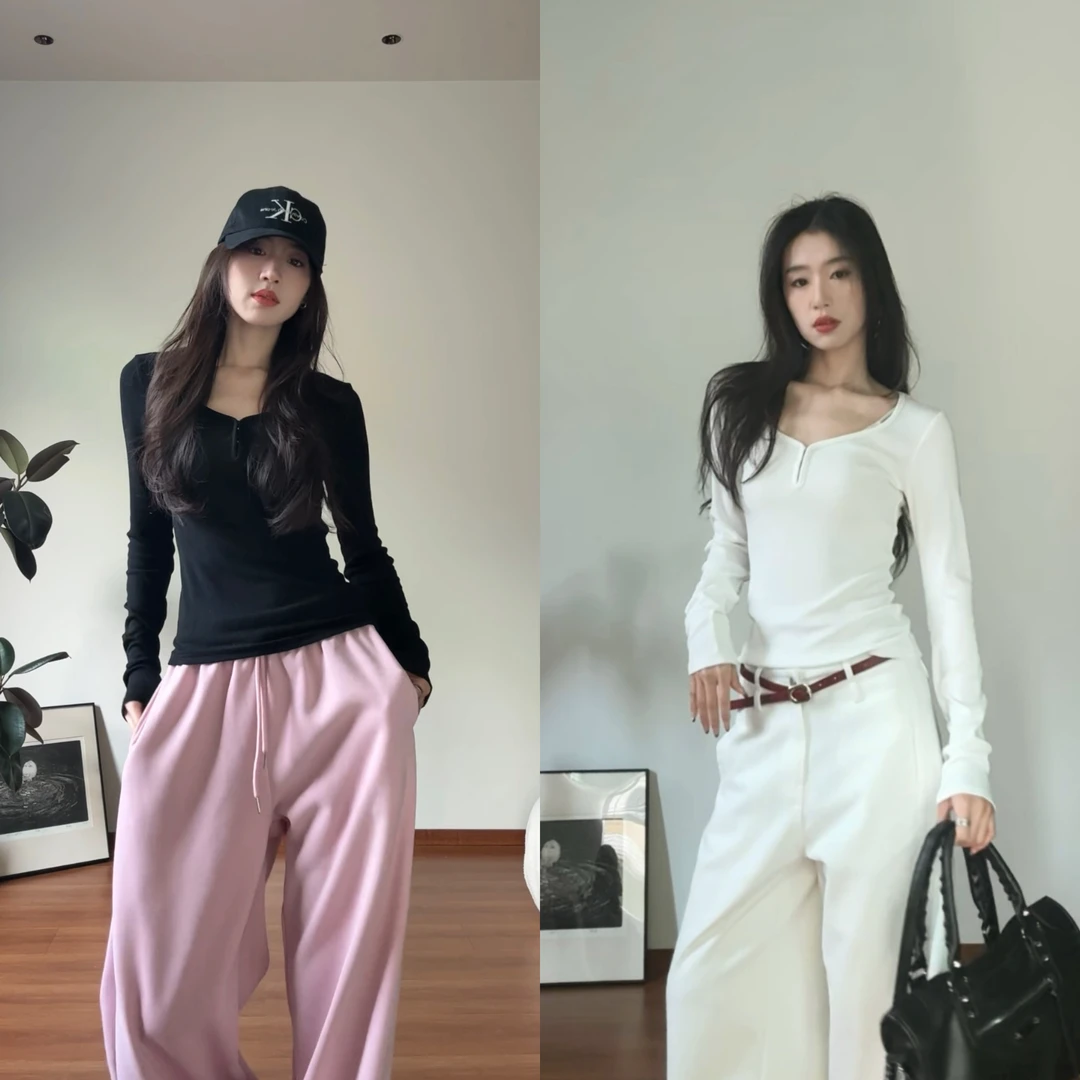 美式辣妹风V领环扣收口设计纯色加绒长袖上衣女秋冬上新保暖百搭