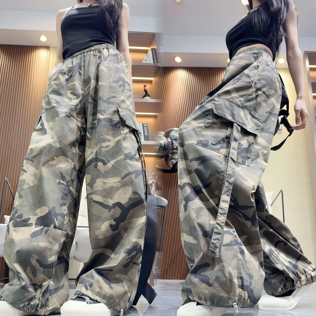 2025夏美式高街迷彩脏脏工装裤女复古设计高腰显瘦宽松阔腿直筒裤