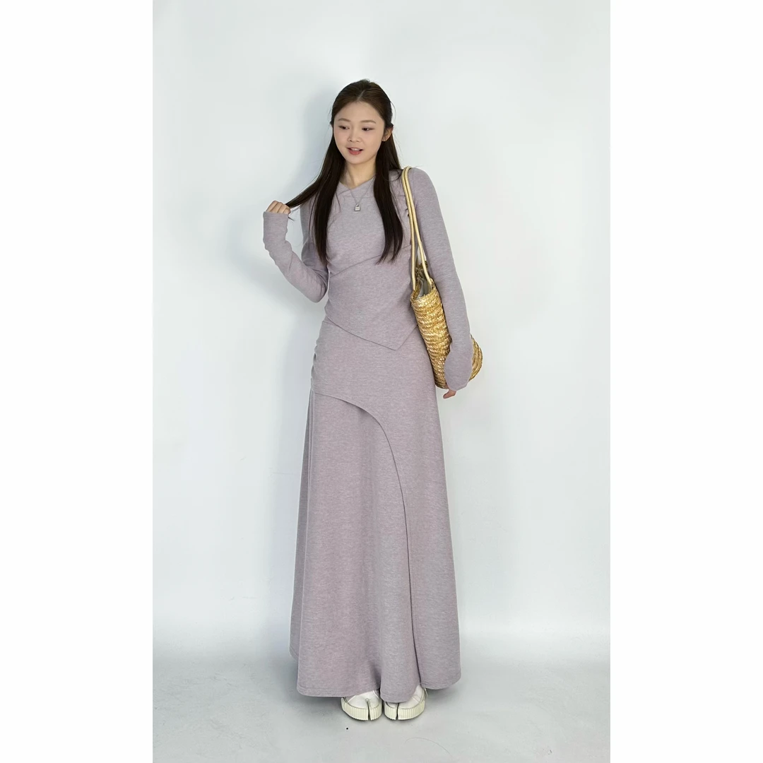 BAOBAO 春季法式可爱甜美风紫色针织上衣+半身裙两件套