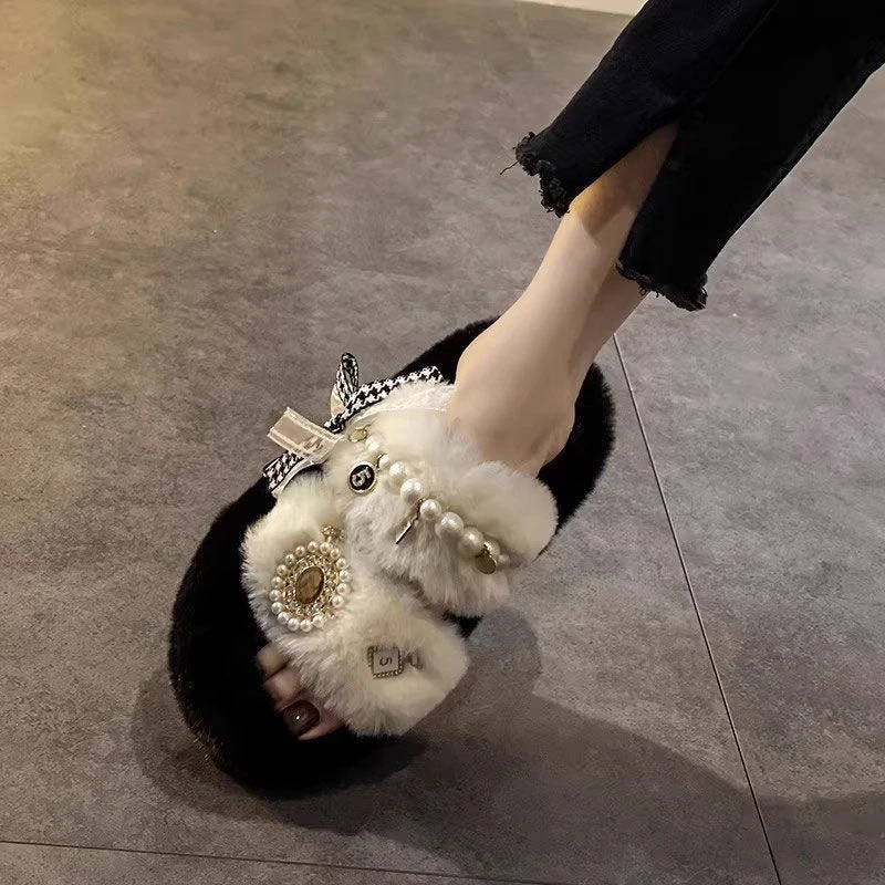 高级感珍珠毛毛拖鞋女外穿2025秋冬季新款时尚厚底增高室内一字拖