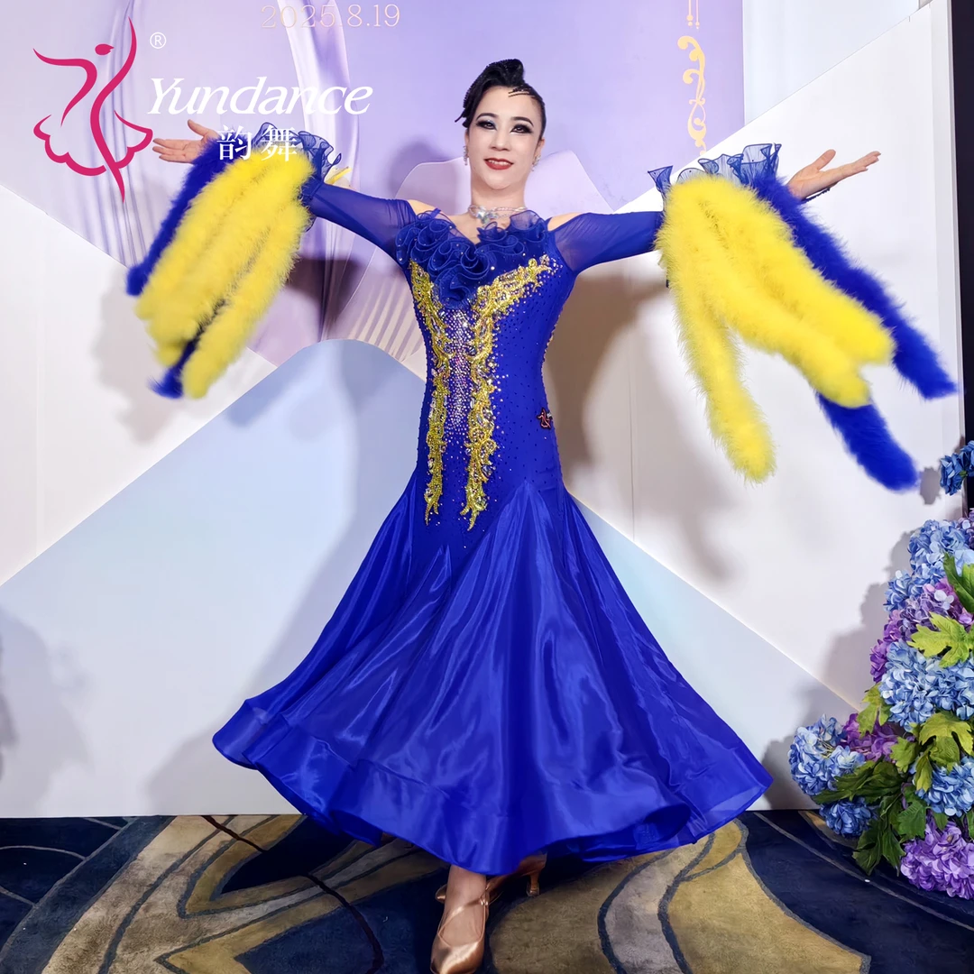 Yundance韵舞新款专业国标摩登舞蹈演出服撞色大摆赛服量身定制