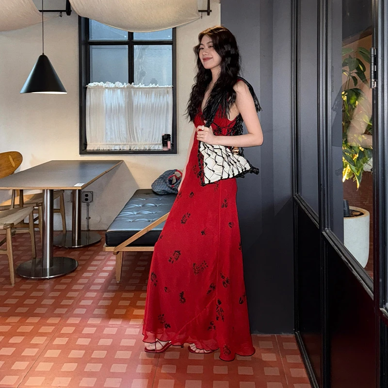 Seyora思瑶【朱砂情书】复古气质红v领印花收腰鱼尾裙 L31774SY51