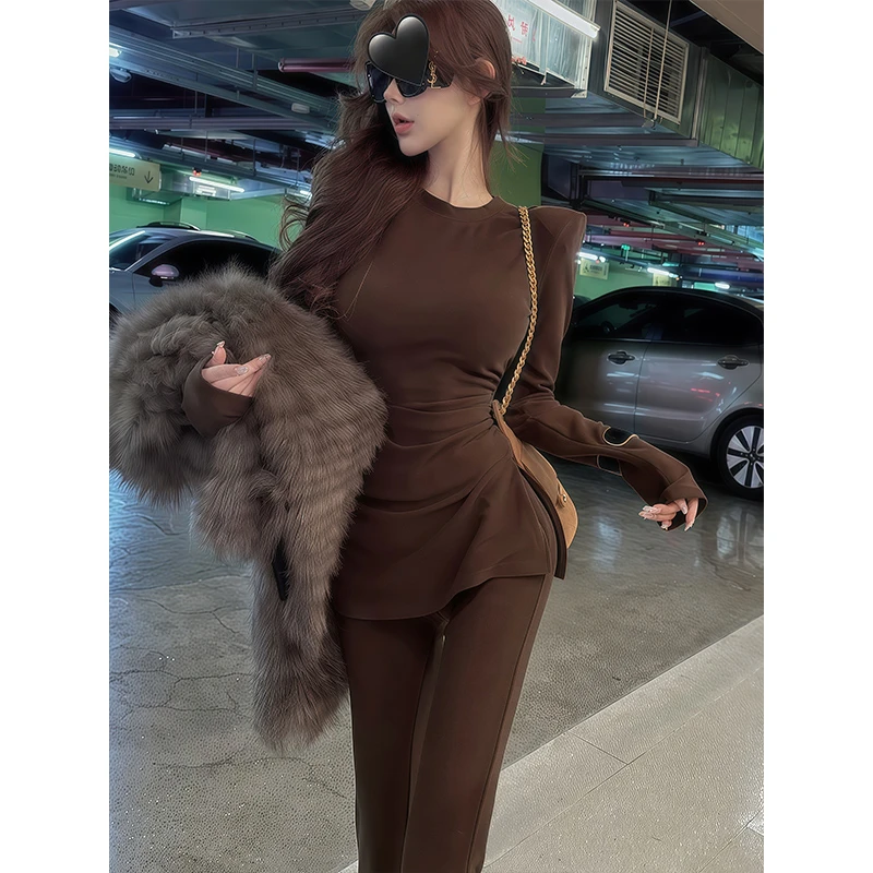 韩系辣妹简约纯色开叉长袖T恤上衣女秋冬新款高腰阔腿长裤子套装