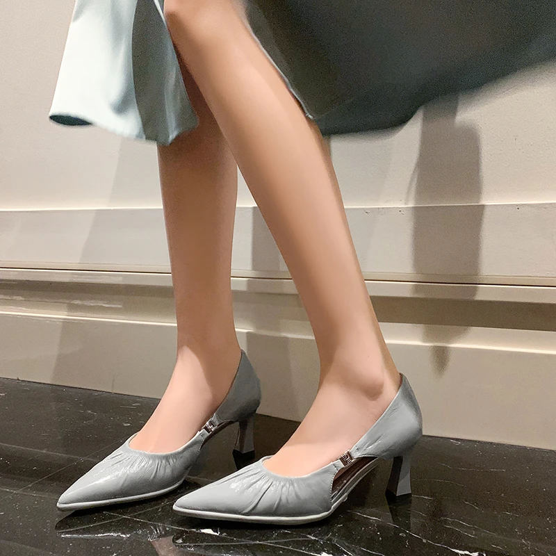 范戈希跟高6CM羊皮尖头百搭欧若风气质褶皱简约时尚单鞋女买1赠3