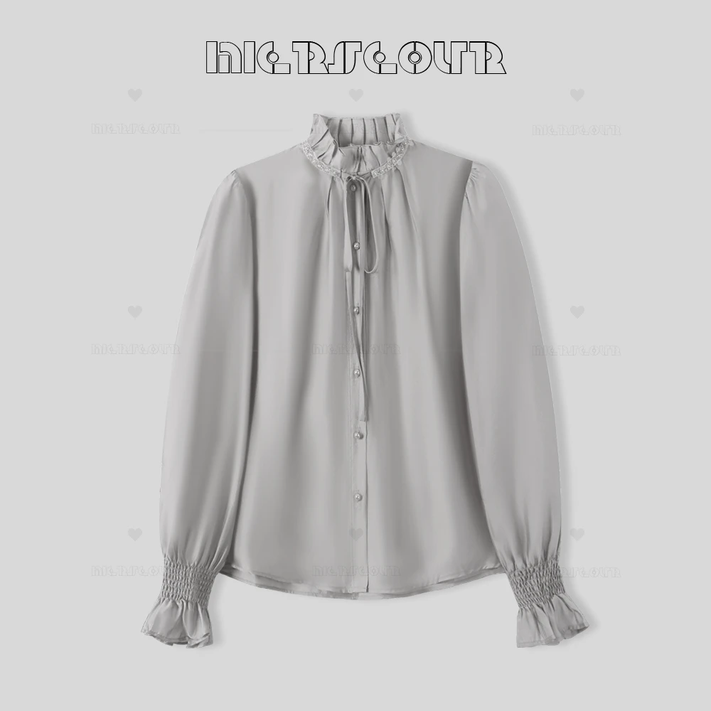【雾感琉璃】2025春季新款优雅珠光绑带衬衫上衣58620