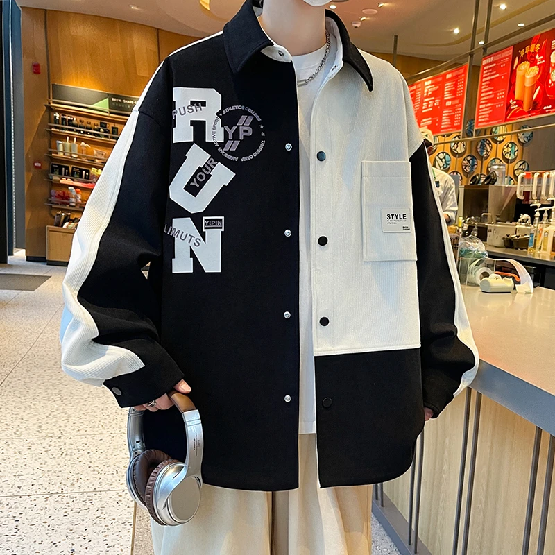 港风拼接衬衫领夹克男士帅气宽松外套秋季新款青少年翻领夹克上衣