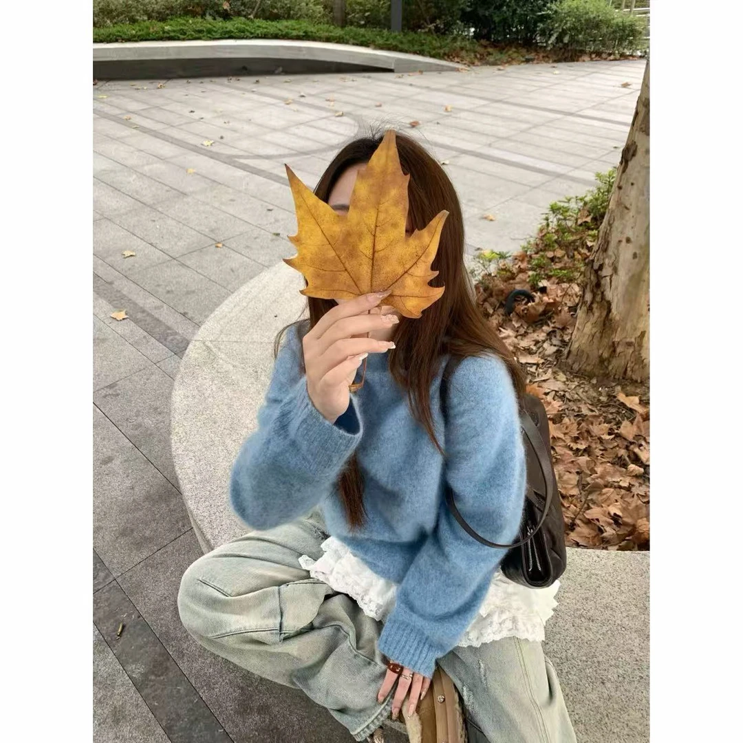 6202【千炫女装】蓝霜枫露~冬季新款高级设计圆领时尚百搭拉绒上衣