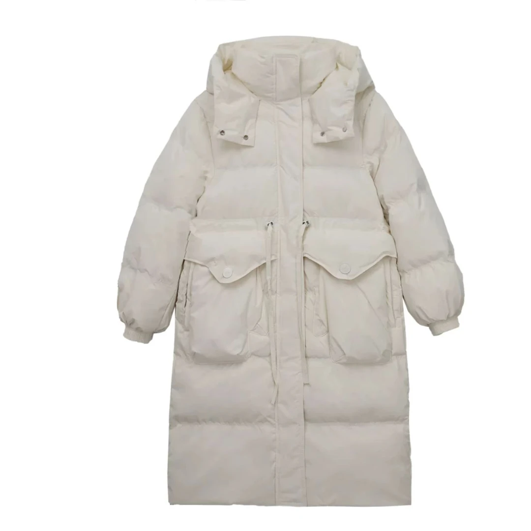 连帽长款加厚宽松过膝气质休闲羽绒服K24352