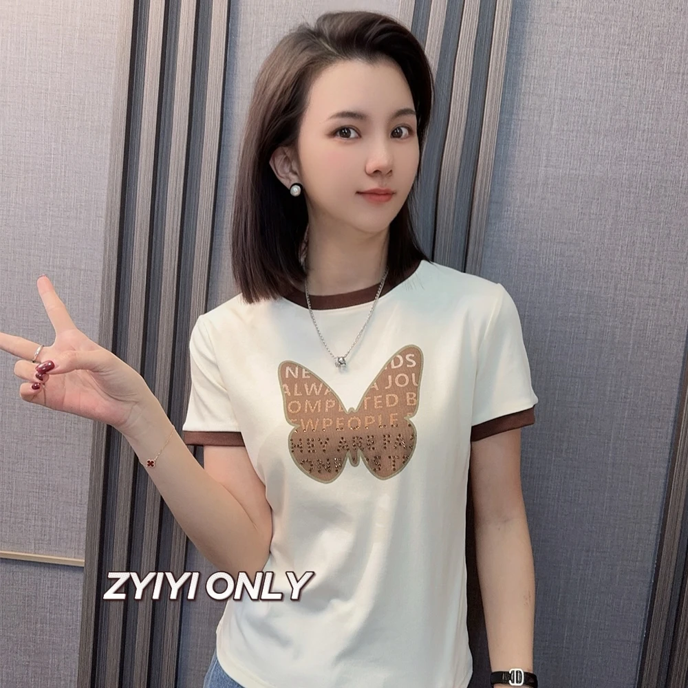 【闪钻蝴蝶】2025春夏新款短袖T恤修身显瘦烫钻休闲百搭上衣女