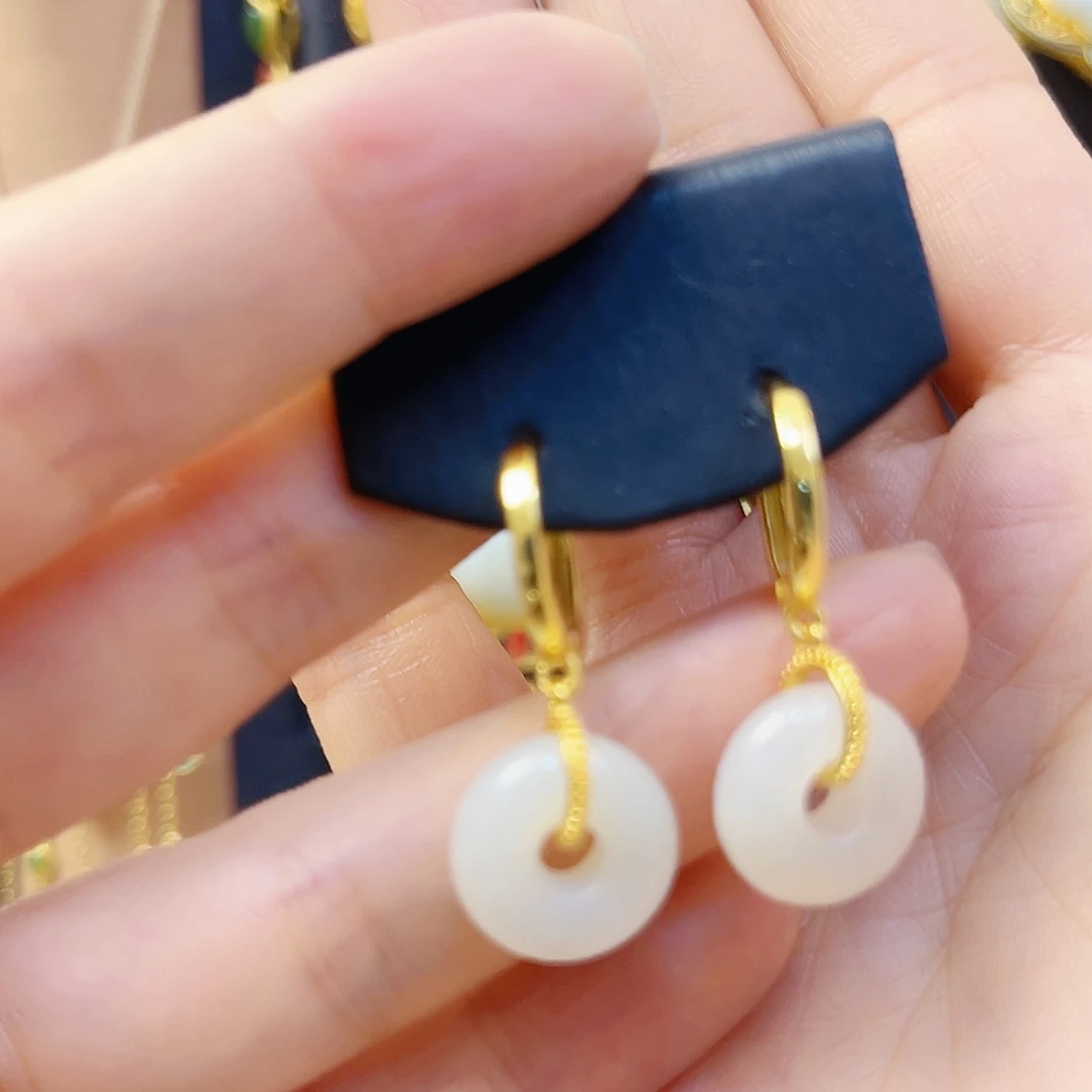 和田玉银S925镀金镶嵌耳饰