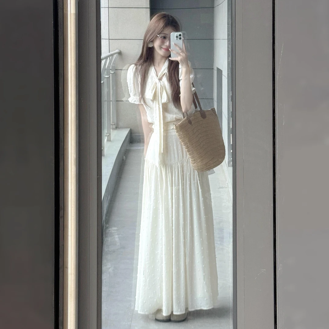 2025新款法式波点连衣裙子女夏季千金miu系穿搭收腰套装长裙5214