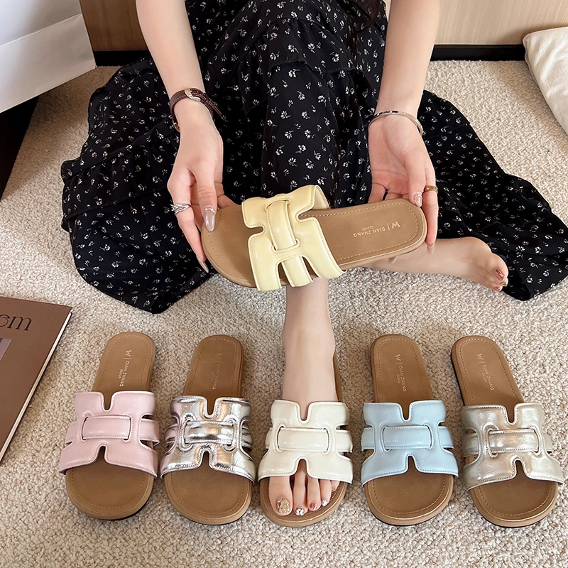 平底韩版夏季日常薄款一字拖森系百搭休闲防滑外出软底舒适搭裙子