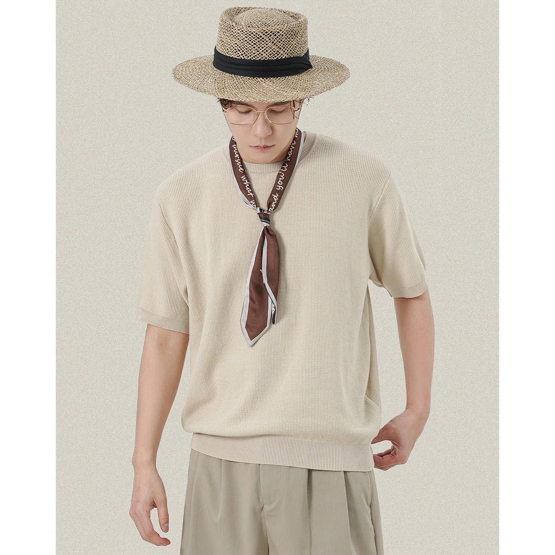 高弹力肌理感纹理针织衫T恤男士夏季短袖宽松百搭上衣打底衫内搭