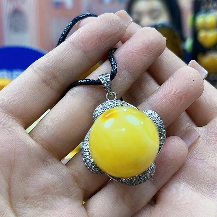 蜜蜡银S925镶嵌裸石吊坠