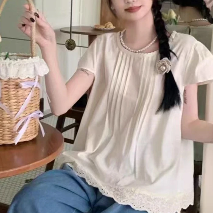韩版蕾丝花边短袖衬衫上衣女夏季显瘦娃娃衫上衣洋气减龄衬衣小衫