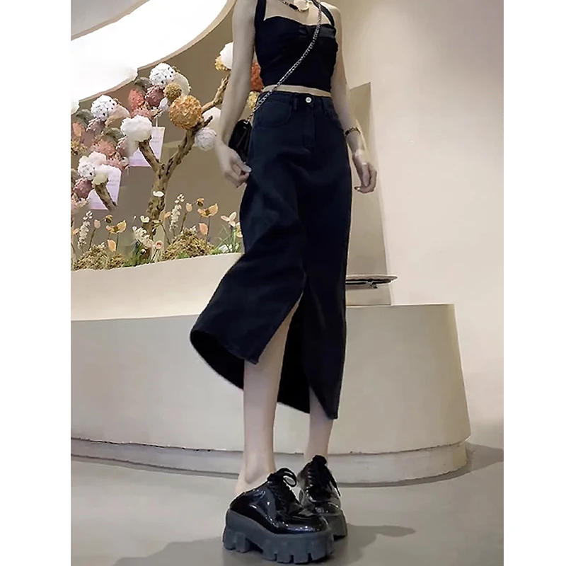 黑色开叉牛仔半身裙女春夏季薄款梨形身材高腰显瘦中长款包臀裙子