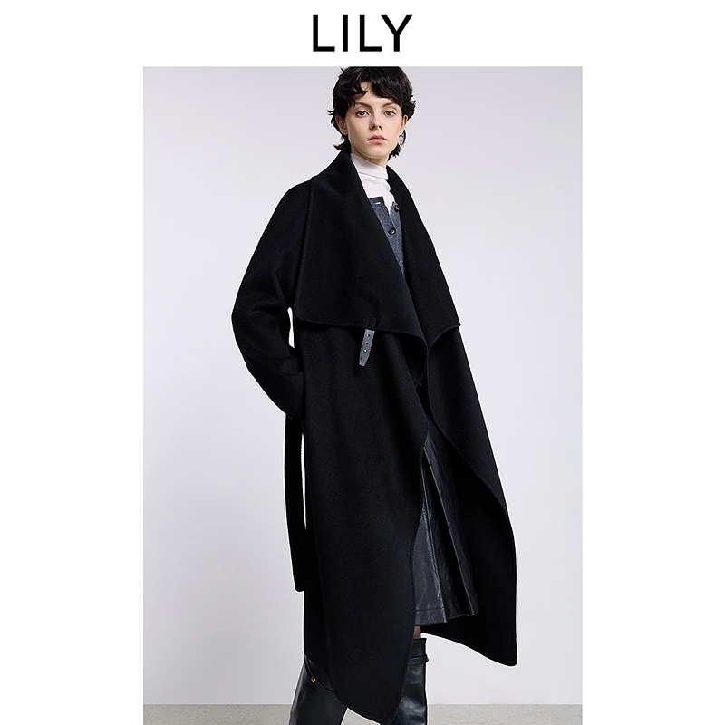 LILY2025冬女装羊毛莱赛尔山羊绒混纺双面呢毛呢外套125409FN928