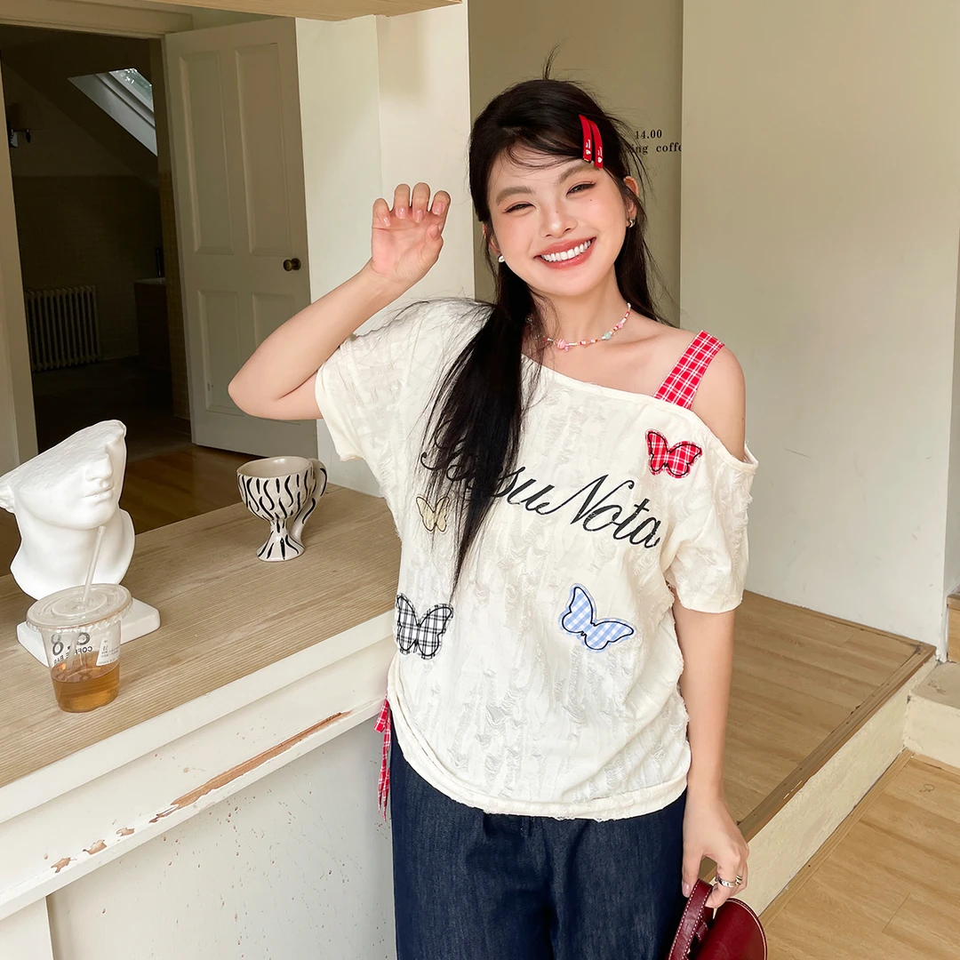 夏季女装独特绝美斜肩上衣胖mm大码韩系别致高级小众不撞款t恤