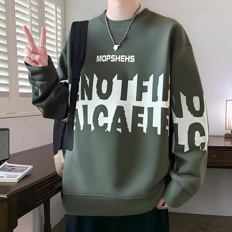 秋季休闲卫衣男士2025新款春秋款美式宽松圆领印花长袖T恤上衣服