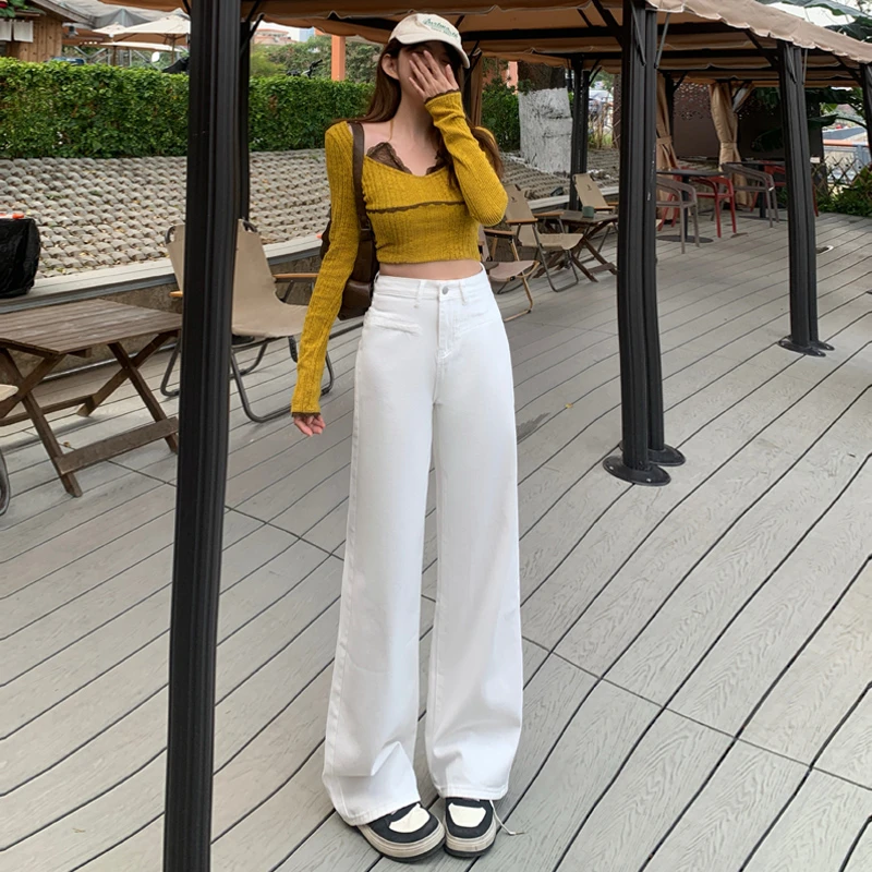 2025新款开袋设计白色阔腿牛仔裤女高腰宽松垂感直筒裤子