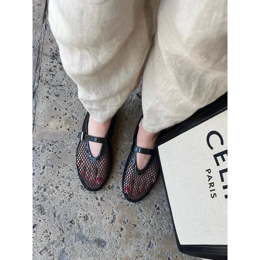 牛皮版~凉鞋一字扣带芭蕾舞鞋女满钻平底鞋镂空玛丽珍单鞋渔网鞋