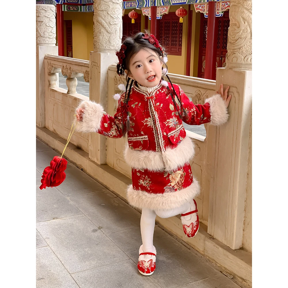 女童汉服冬季唐装2024新中式加绒加厚拜年服冬款女孩两件套