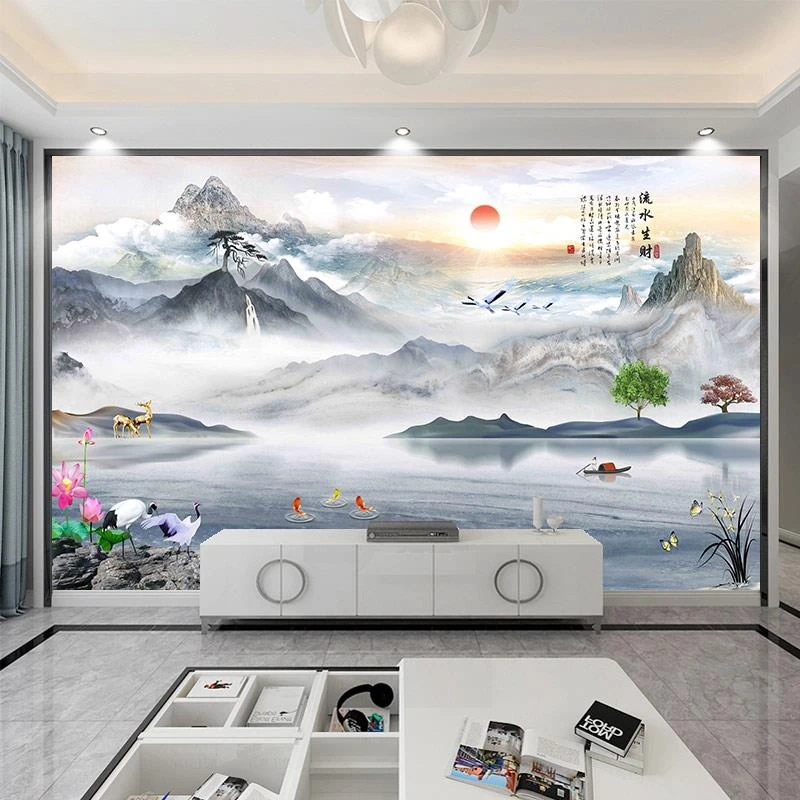 现代新中式水墨山水竹木纤维集成墙板电视背景墙碳晶板客厅护墙板