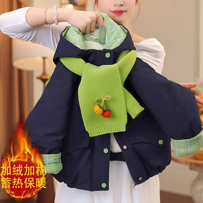 女童加绒棉服派克服2025新款冬季格子拼色加厚连帽女童加绒上衣