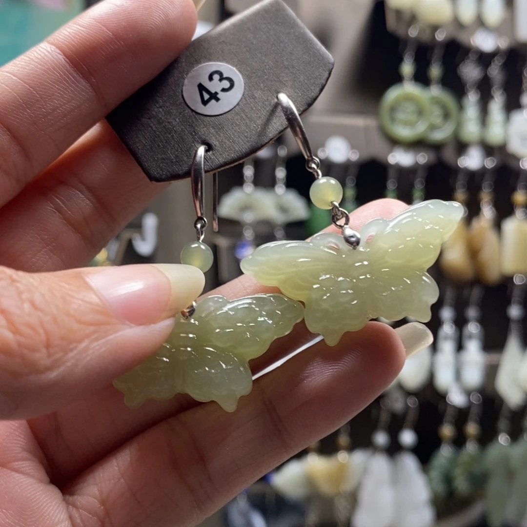 和田玉耳饰银S925镶嵌小*喜