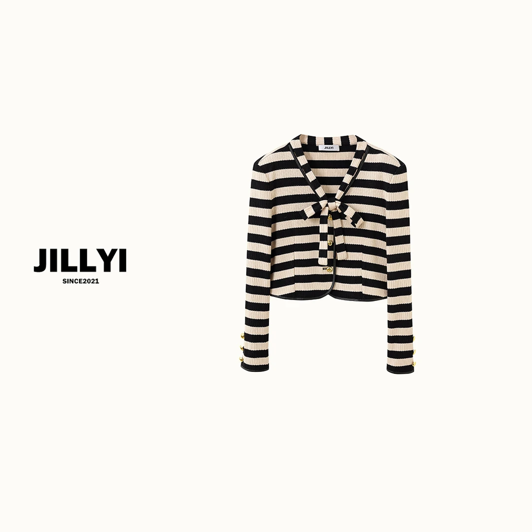 JILLYI珠海店【异域公主】杏黑拼色百搭条纹时尚T恤气质显瘦上衣