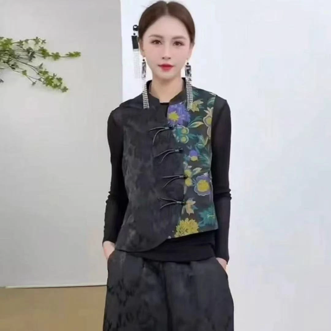 8813#时尚气质新中式复古百搭提花拼接印花马夹两件套套装