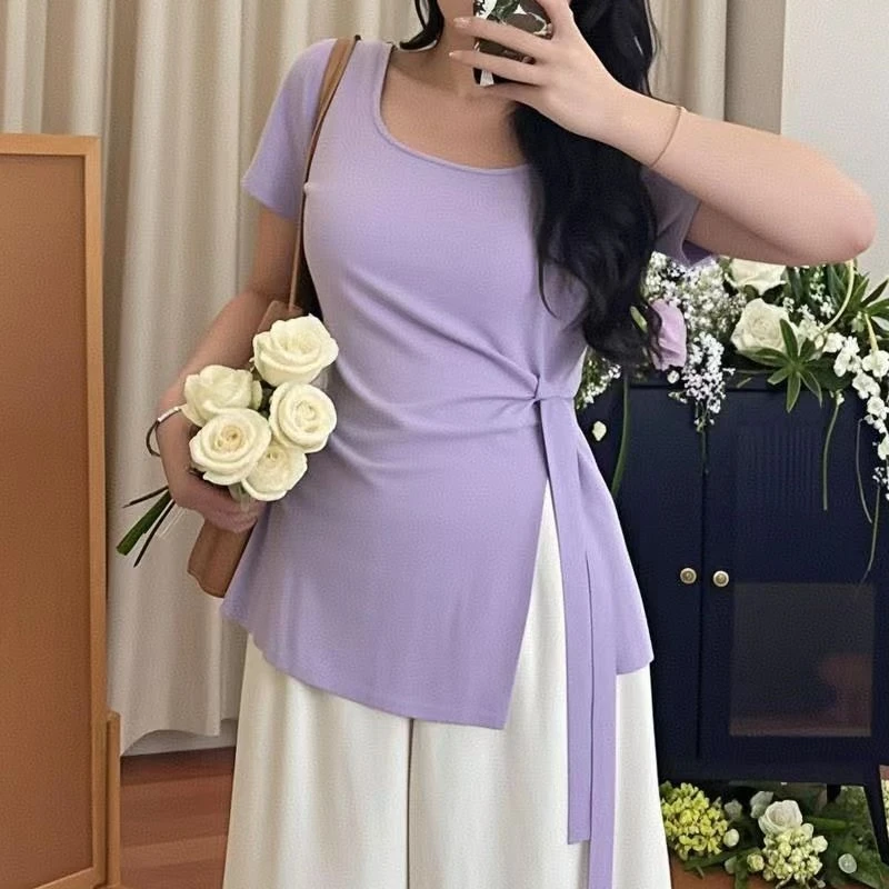 大码女装时尚高级感欧若风短袖t恤夏季胖MM遮肉收腰显瘦方领上衣