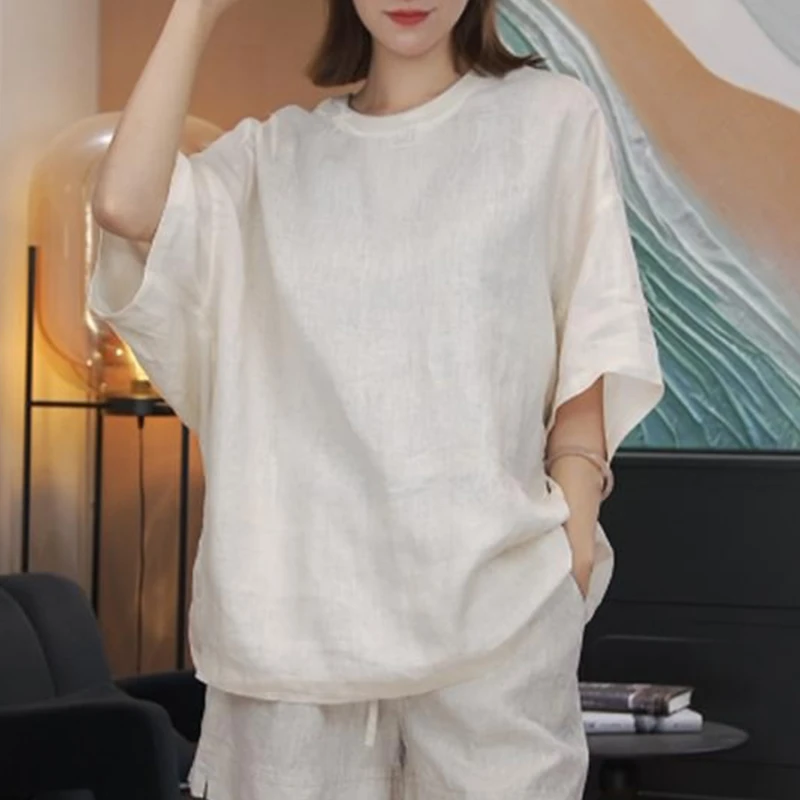 2025夏欧韩时尚亚麻圆领短袖设计感麻料蝙蝠袖百搭休闲宽松T恤女