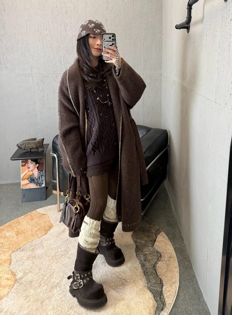 Angel Expert秋季新翻领长款线缝设计复古毛呢外套