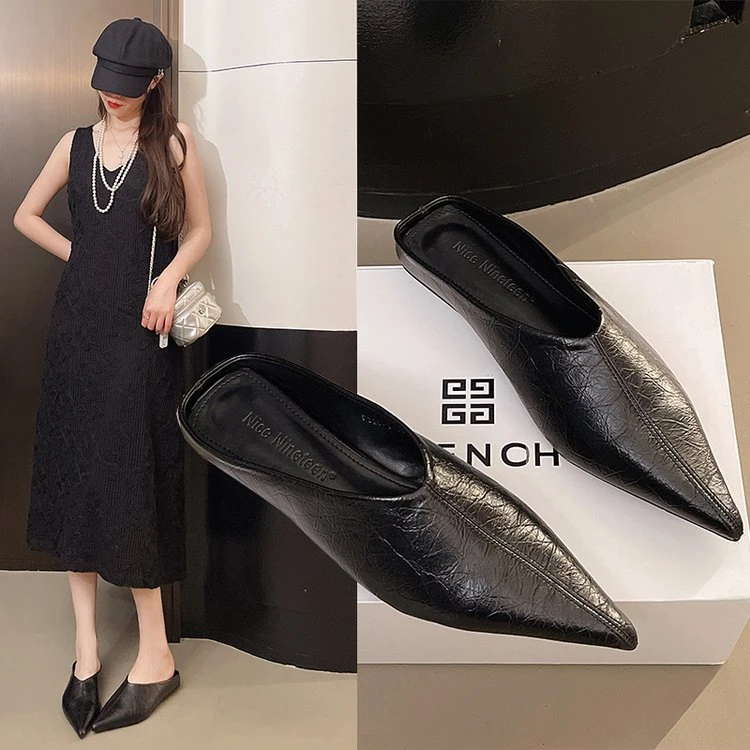 2025新款韩版尖头内增高包头半拖鞋女外穿气质时尚低跟穆勒半托鞋