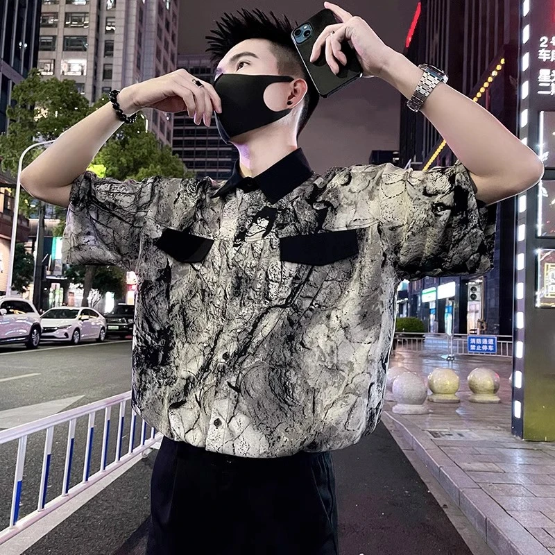 高级感冰丝衬衫男短袖痞帅潮牌扎染衬衣2025新款男士夏季半袖上衣