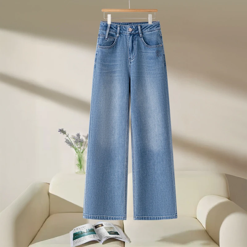 浅蓝色小个子高腰牛仔阔腿裤女夏季新款宽松垂感窄版直筒裤子5718