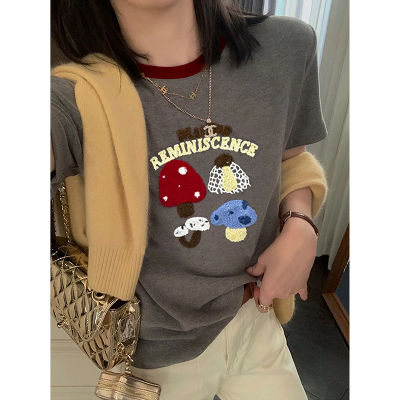 趣味彩色蘑菇绣花T恤女夏季洋气减龄正肩短袖超好看百搭体恤上衣
